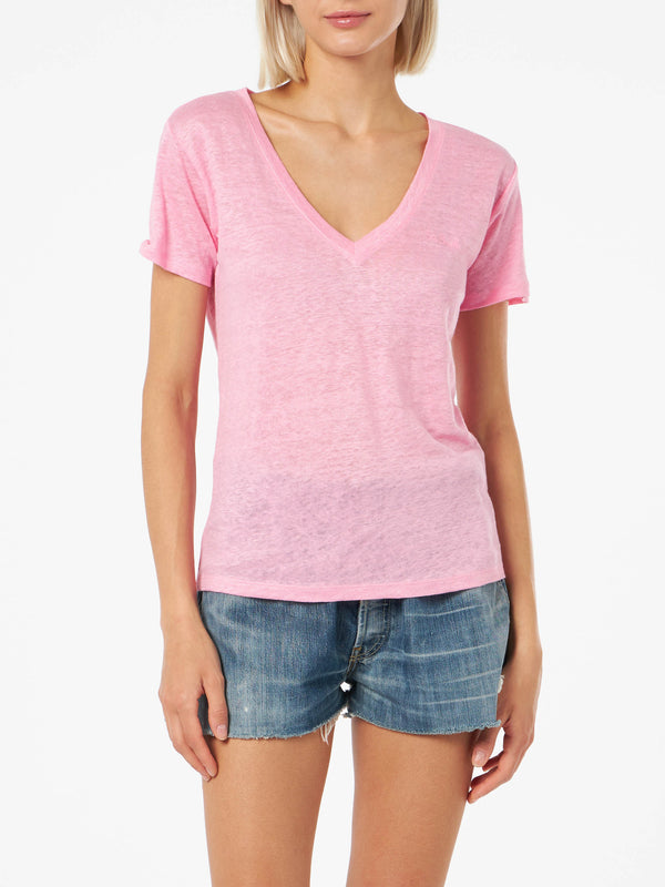 T-shirt scollo a V rosa Eloise in jersey di lino