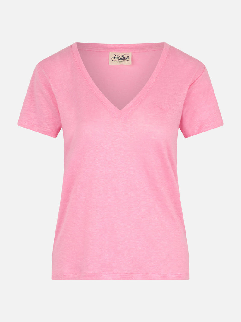 Linen jersey pink V-neck t-shirt Eloise