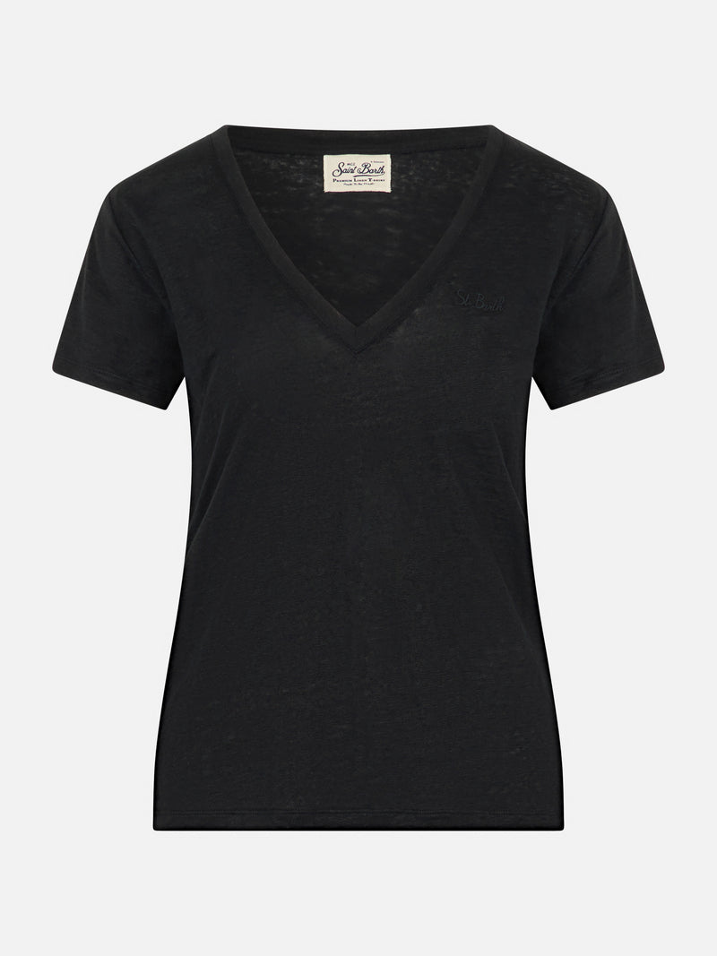 Linen jersey black V-neck t-shirt Eloise