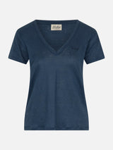 Linen jersey navy blue V-neck t-shirt Eloise