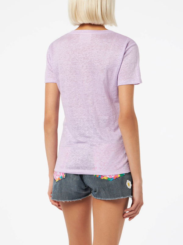 T-shirt scollo a V lilla Eloise in jersey di lino
