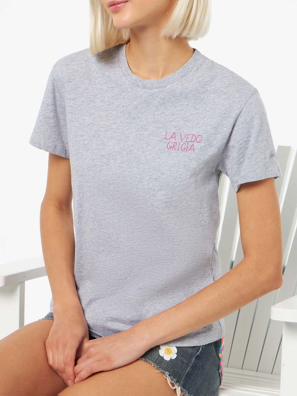 Damen-T-Shirt Emilie aus Baumwolljersey mit Rundhalsausschnitt und La Vedo Grigia-Stickerei