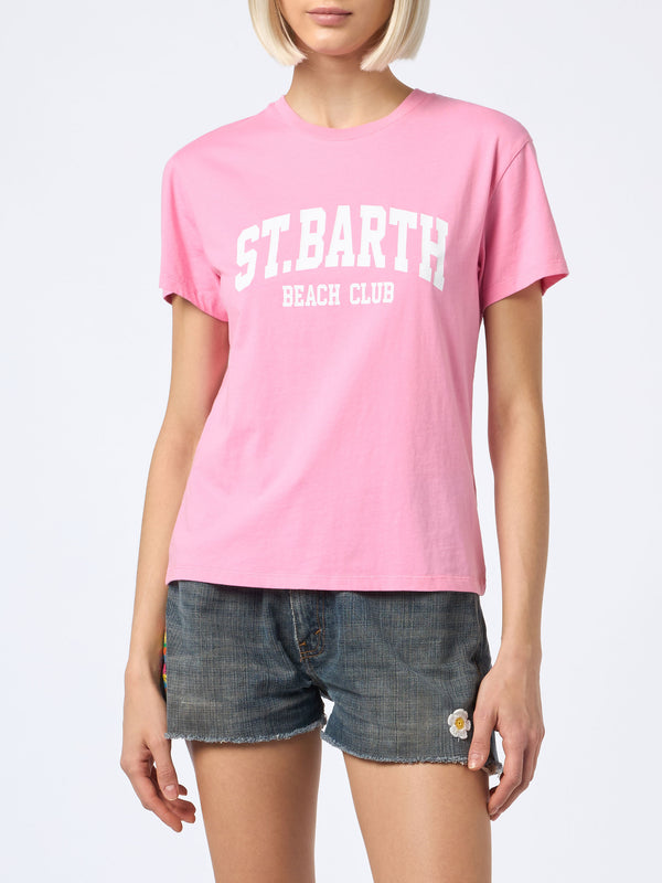 Damen-T-Shirt Emilie aus Baumwolljersey mit Rundhalsausschnitt und Saint Barth Beach Club-Aufdruck