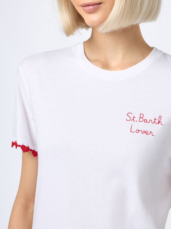 Woman cotton jersey crewneck t-shirt Emilie with St. Barth Lover embroidery