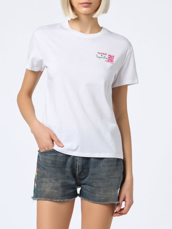 Damen-T-Shirt Emilie aus Baumwolljersey mit Rundhalsausschnitt und Tequila- und Texani-Stickerei