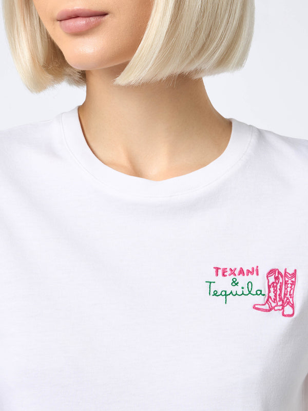Damen-T-Shirt Emilie aus Baumwolljersey mit Rundhalsausschnitt und Tequila- und Texani-Stickerei