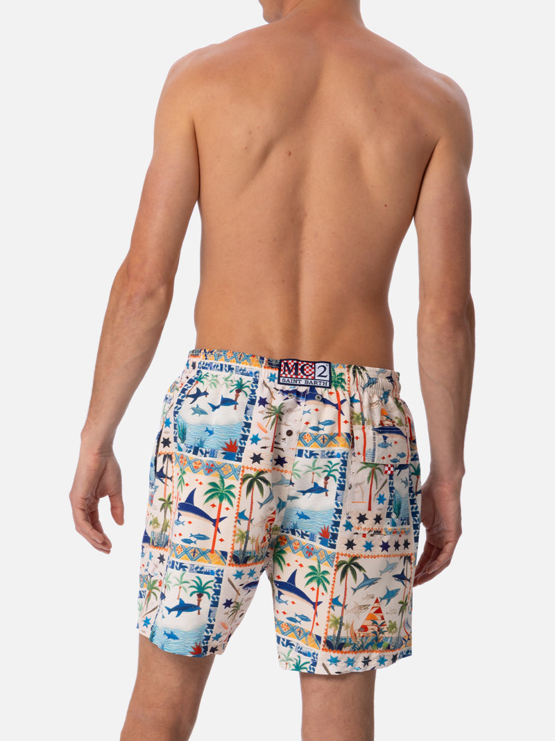 Man mid-length Gustavia swim-shorts with Egyptian shark print | AI CO-CREATED DESIGN BY RICKDICK - POWERED BY RED-EYE