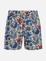 Man mid-length linen swim-shorts Gustavia with flower print