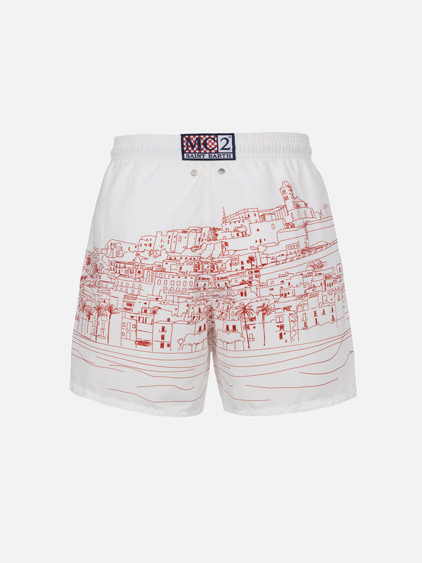 Man mid-length Gustavia swim-shorts with Ibiza placed print