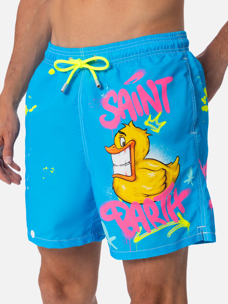 Man mid-length Gustavia swim-shorts with ducky Cryptopuppets placed print| CRYPTOPUPPETS SPECIAL EDITION