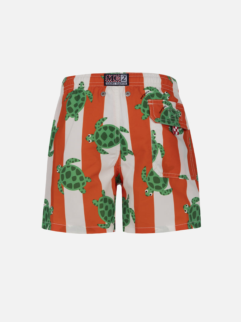 Boy mid-length Jean swim-shorts with sea turtle print
