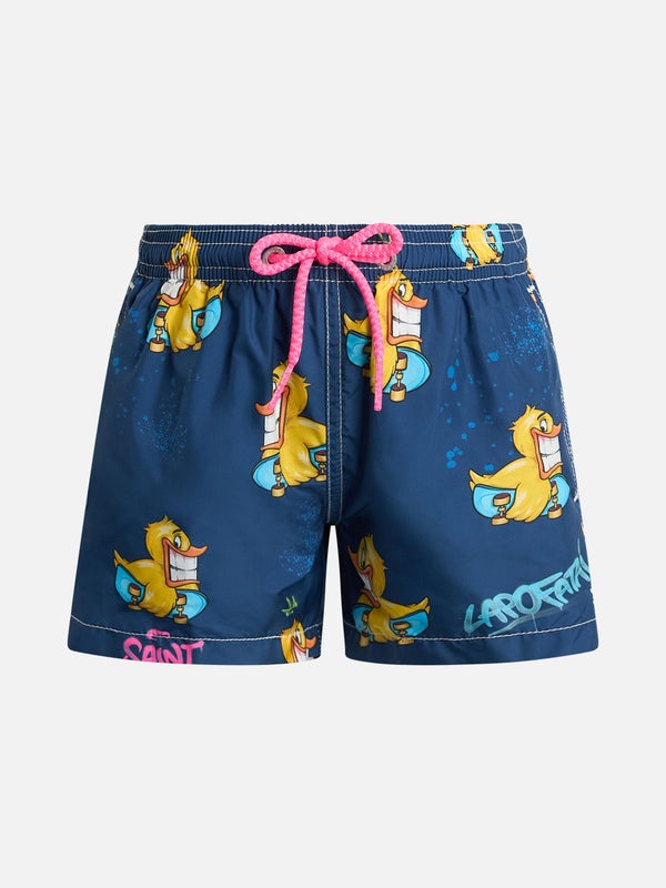 Boy lightweight fabric swim-shorts Jean Lighting with crypto ducky print | CRYPTOPUPPETS SPECIAL EDITION