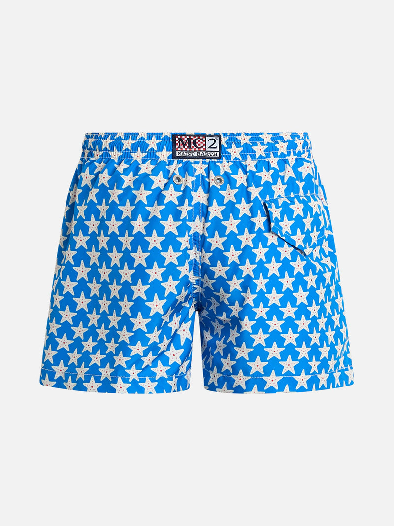 Boy lightweight fabric swim-shorts Jean Lighting 70 with seastars print
