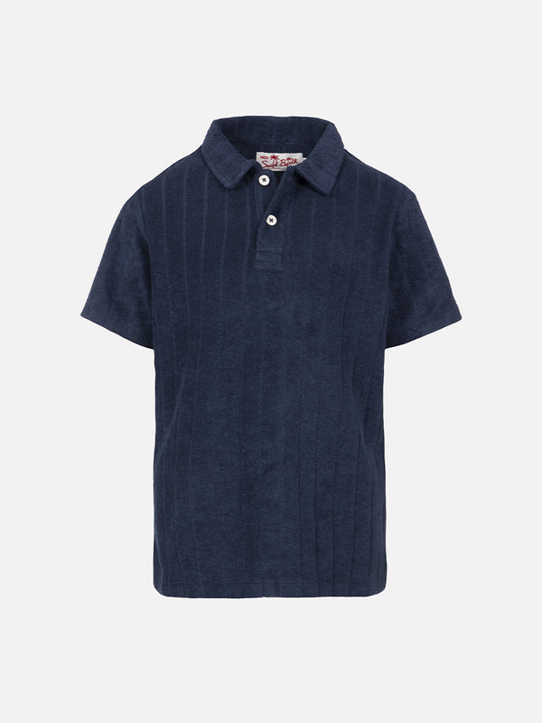 Boy navy blue terry polo shirt Jeremy Jr with striped embossed pattern
