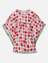Girl ruffled cotton caftan with strawberry print
