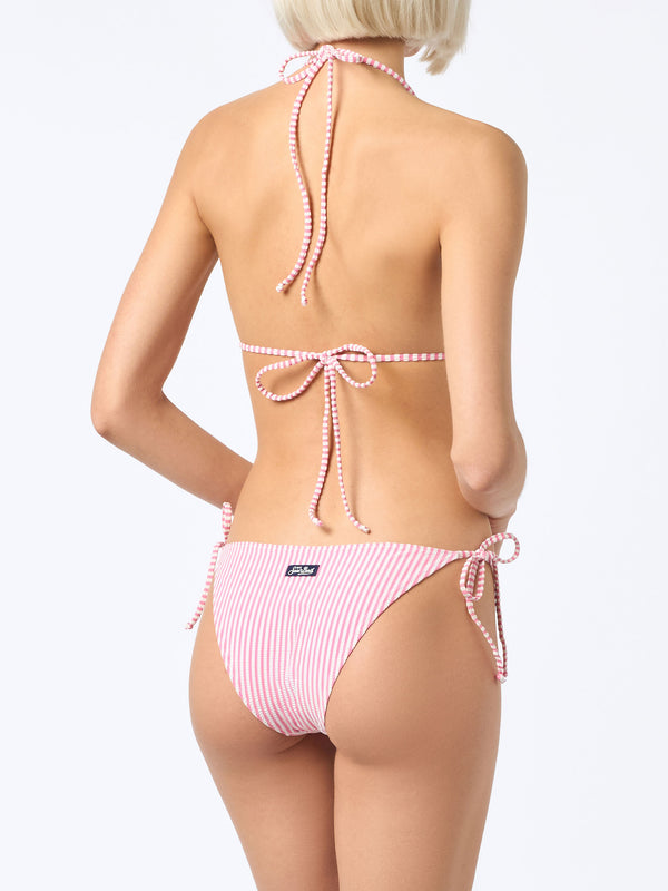 Woman seersucker striped triangle bikini Leah Virgo