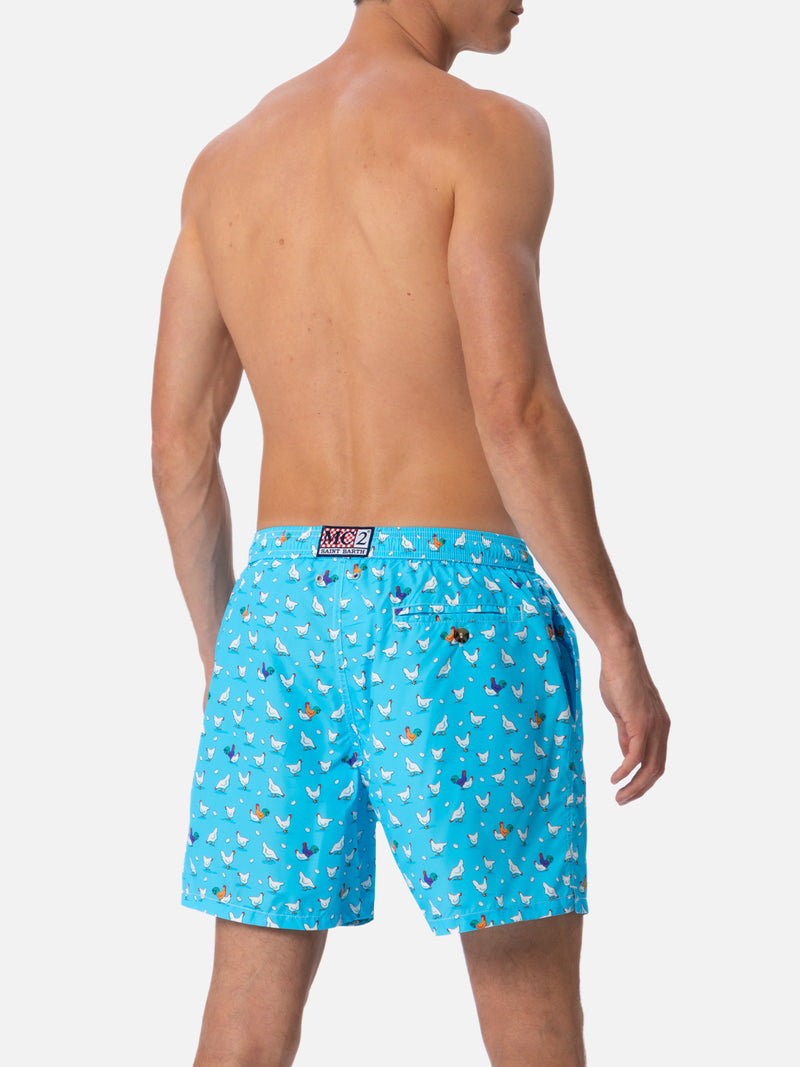 Man lightweight fabric swim-shorts Lighting Micro Fantasy with rooster print