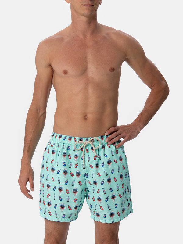 Man lightweight fabric swim-shorts Lighting Micro Fantasy with watches and drinks print