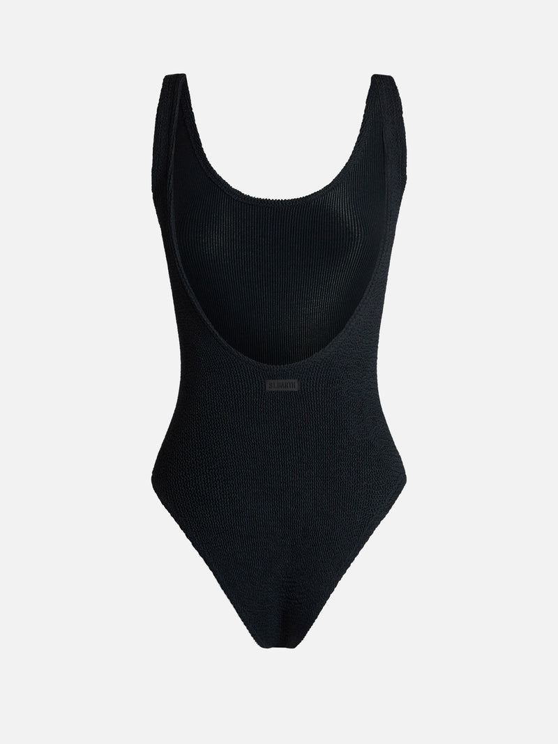 Woman black crinkle one piece swimsuit Lora