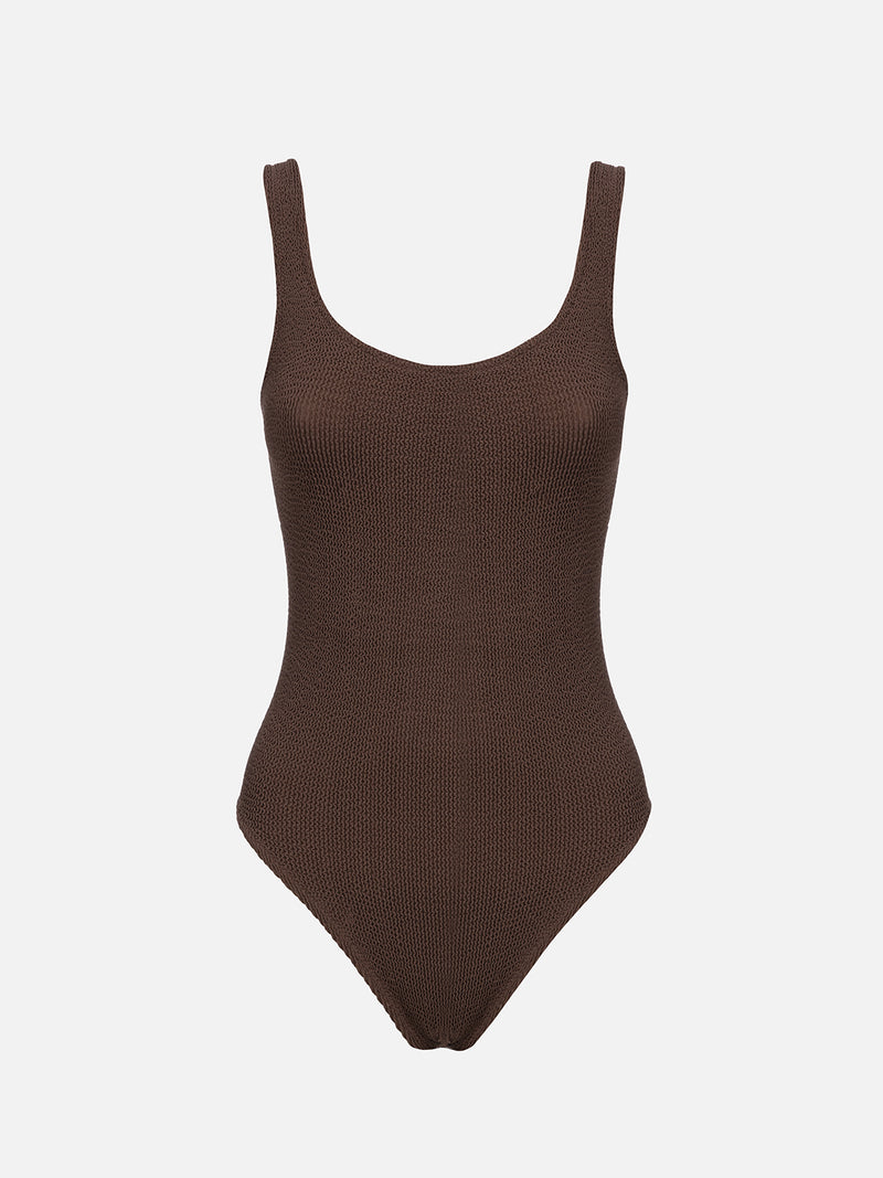 Woman brown crinkle one piece swimsuit Lora
