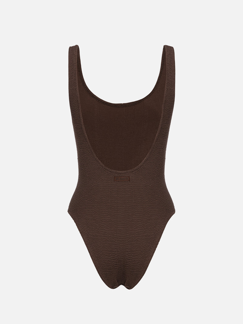 Woman brown crinkle one piece swimsuit Lora
