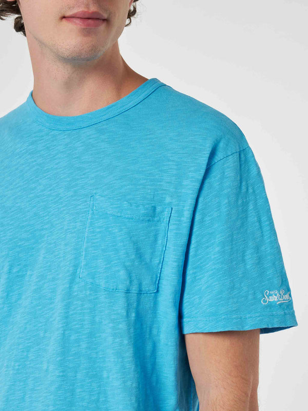 Herren-T-Shirt „President“ aus blau geflammter Baumwolle mit Stickerei