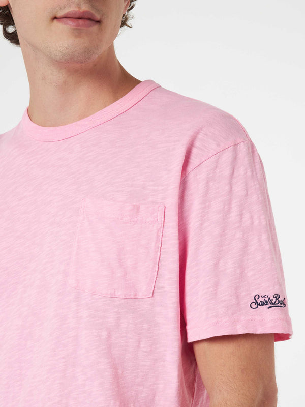 T-Shirt „Präsident“ aus rosa geflammter Baumwolle für Herren mit Stickerei