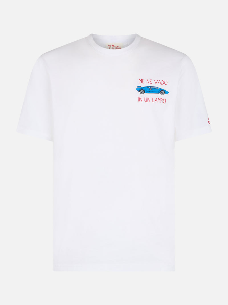 Man cotton t-shirt with Me ne vado in un lambo embroidery and car placed print