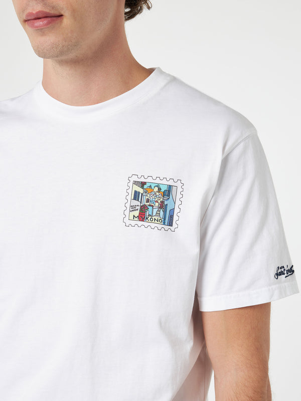 Man cotton t-shirt with Mykonos postcard front and back print | ALESSANDRO ENRIQUEZ SPECIAL EDITION