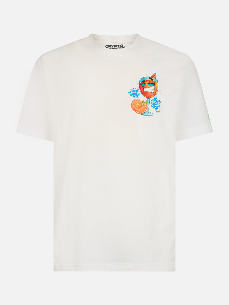 T-shirt da uomo in cotone con stampa piazzata Cryptopuppets Spritz davanti e dietro | EDIZIONE SPECIALE CRYPTOPUPPETS