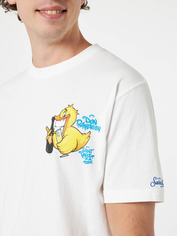 Herren-Baumwoll-T-Shirt mit platziertem Aufdruck „Cryptopuppets Ducky Bollicine“ auf Vorder- und Rückseite | CRYPTOPUPPET-SONDERAUSGABE