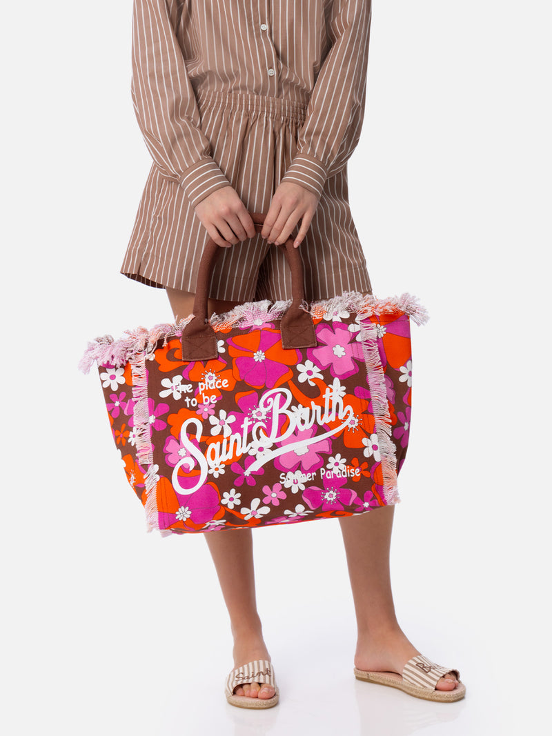 Cotton canvas tote bag with retro flower print