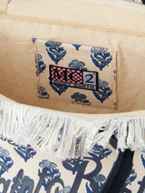 Indigofarbene, blumengestreifte Vanity-Einkaufstasche aus Baumwollcanvas