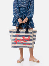 Blau gestreifte Vanity-Einkaufstasche aus Baumwollcanvas