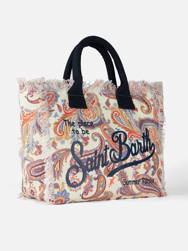 Beige paisley cotton canvas Vanity tote bag