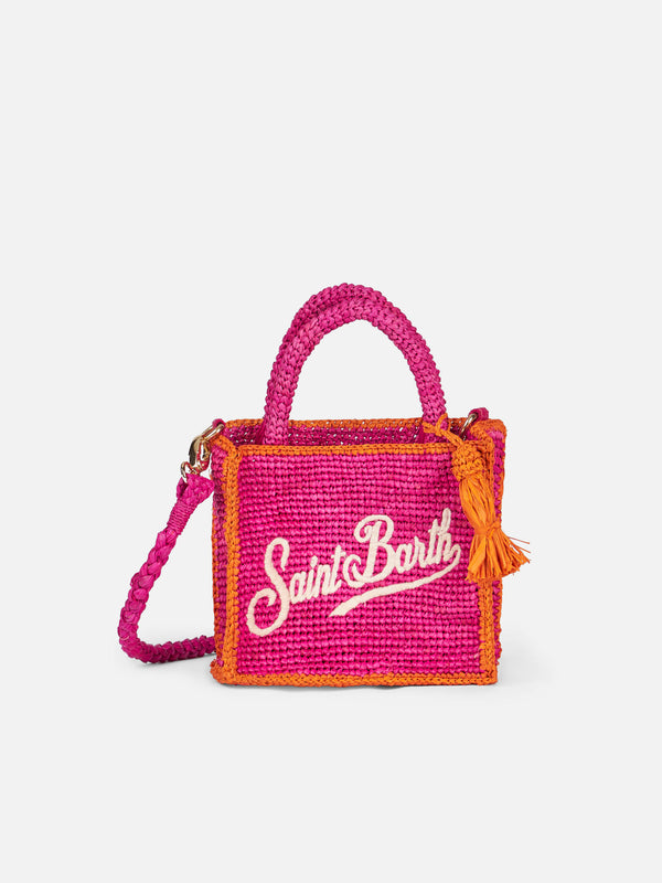 Fuchsia Mini Vanity Raffia bag with embroidery