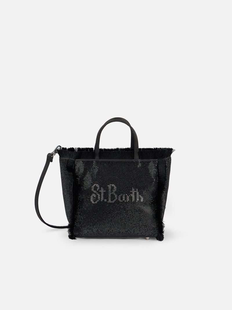 Mini Vanity fringed bag with black rhinestones