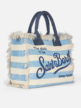 Hellblau gestreifte Vanity-Einkaufstasche aus Baumwollcanvas