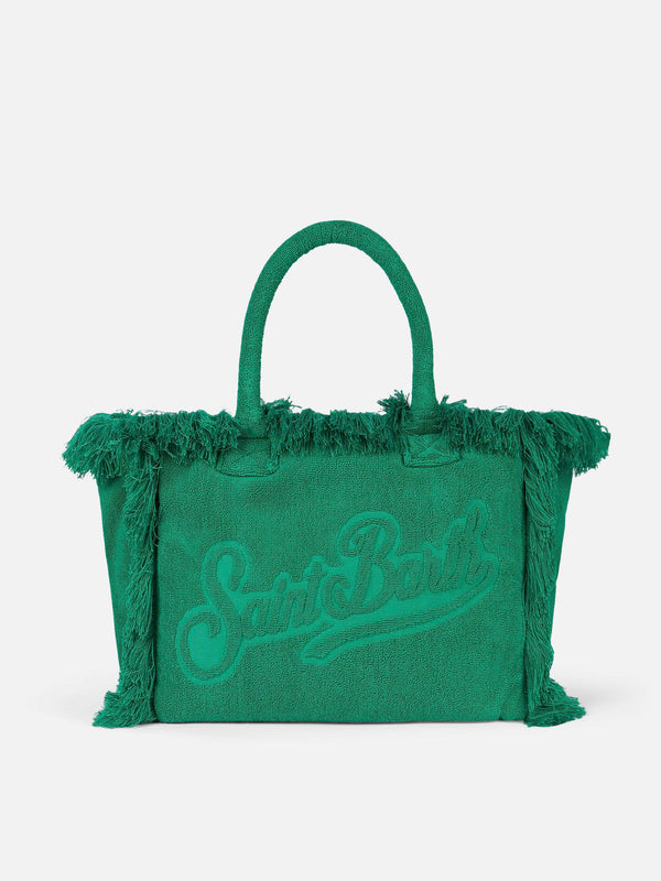 Vanity green terry shoulder soft bag with embossed logo