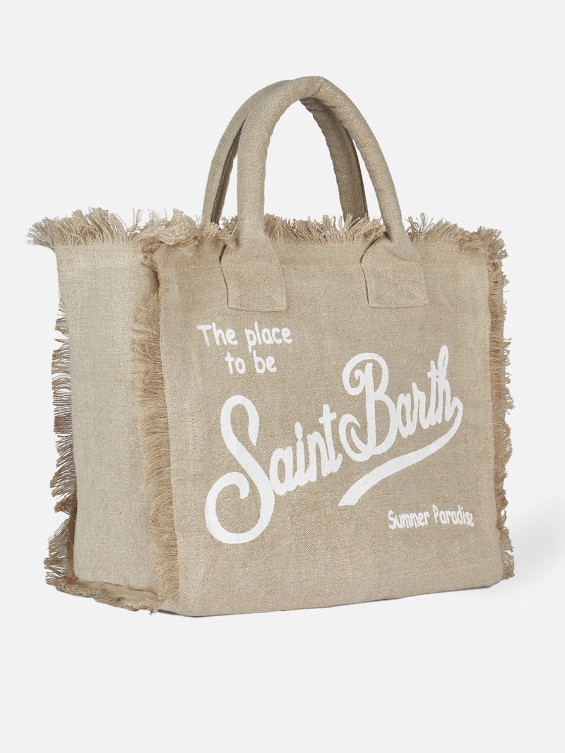 Beige Vanity Linen tote bag with embroidery