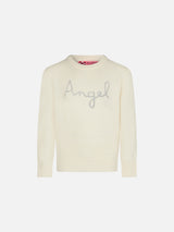 Girl white sweater angel wings embroidery