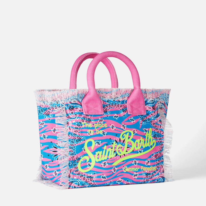 Colette Bluette und rosa Baumwoll-Canvas-Handtasche mit Zebra-Kopftuch-Print