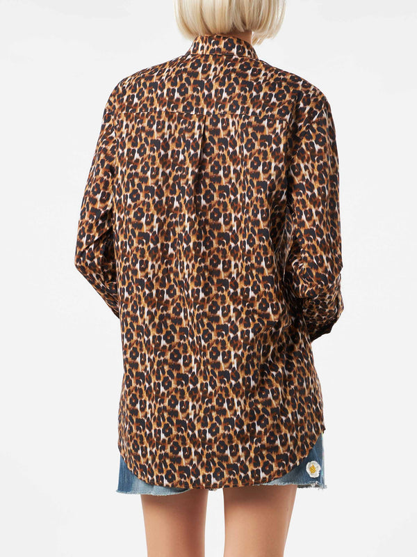 Camicia in cotone stampa leopardo con ricamo