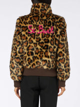 Woman furry short jacket with animalier heart print