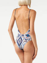 Woman one piece swimsuit with glitter aztec print