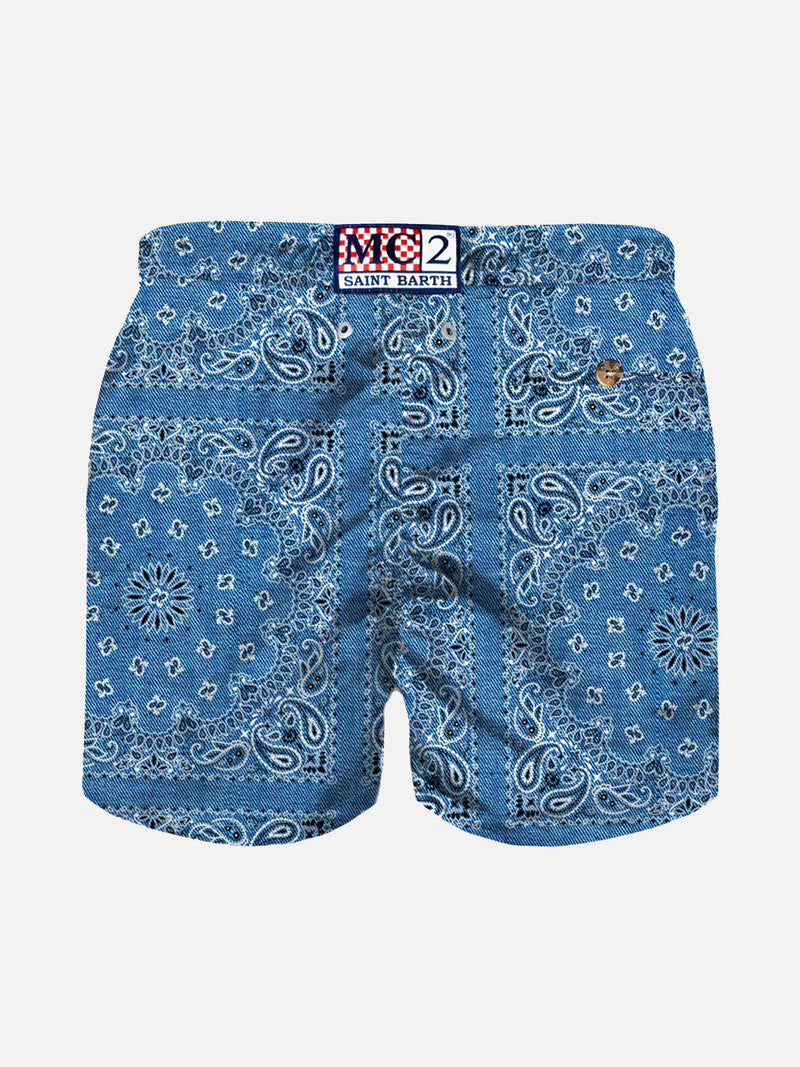Boy swim shorts with denim bandanna print