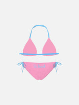 Bikini da bambina a triangolo rosa con piping