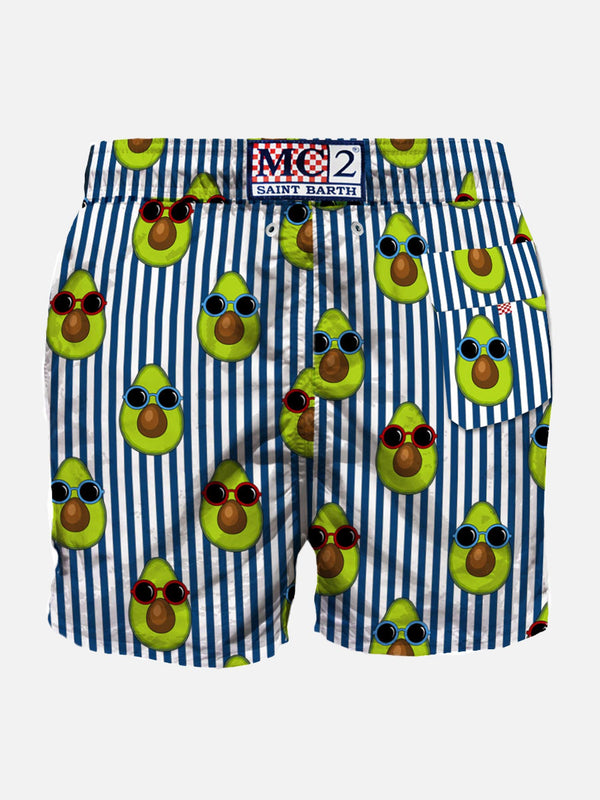Blue striped mid-length swim shorts avocado print