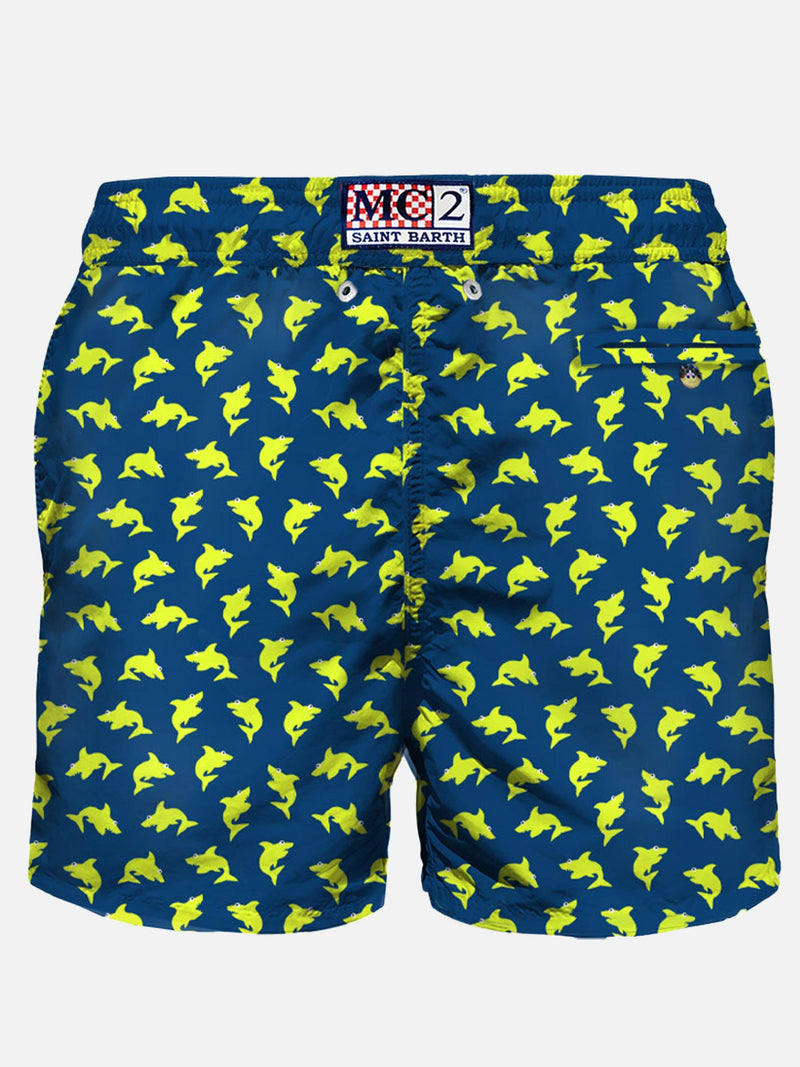 Light fabric swim shorts sharks print