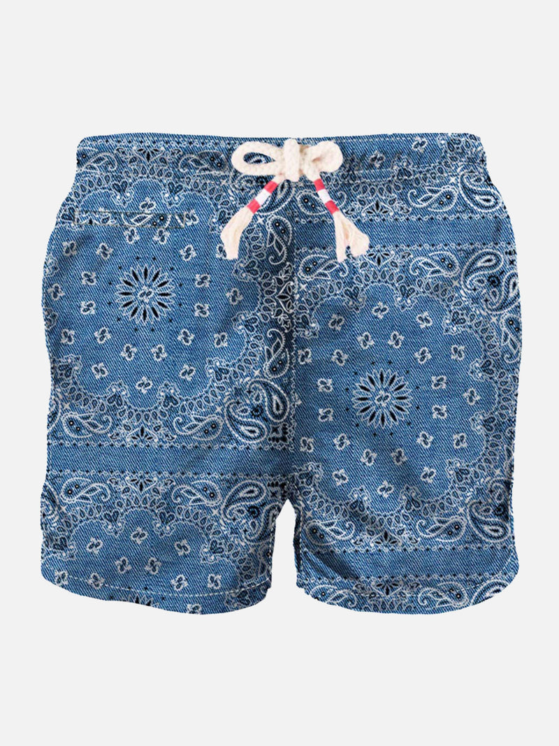 Man swim shorts with denim bandanna print